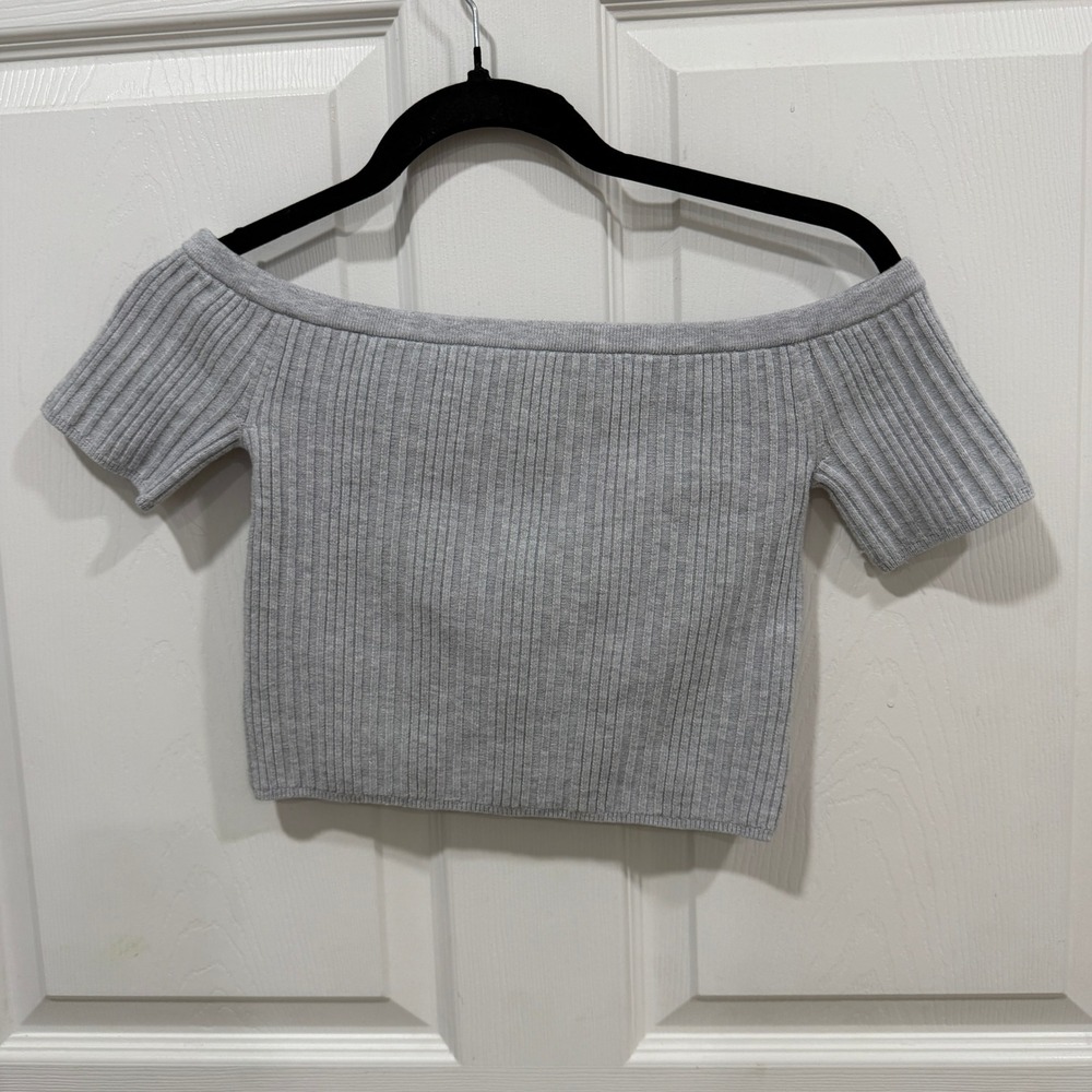 Aerie Heather Gray Ribbed Off The‎ Shoulder Reversible Wrap Crop Top Small